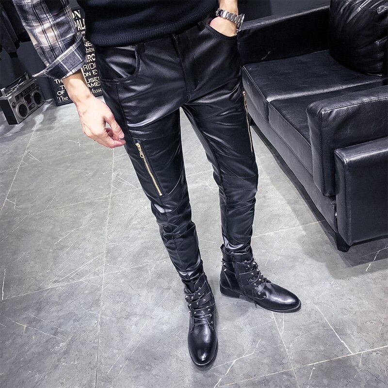 Pantalon en cuir homme | Automne et hiver, pieds Slim, Plus velours épais, coupe-vent , Hip Hop Fan Car, pantalons