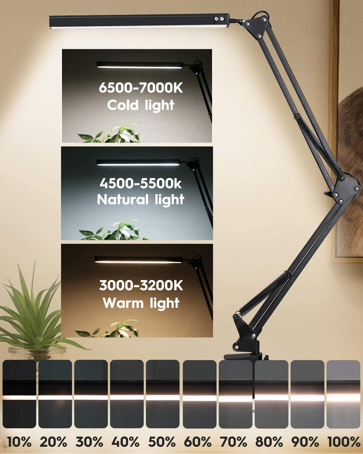 Led-bordslampe med klemme , 10w -sving-arm-bordslampe, iøjnefaldende dæmpbar skrivebordslampe med 10 lysstyrkeniveauer , 3 lystilstande