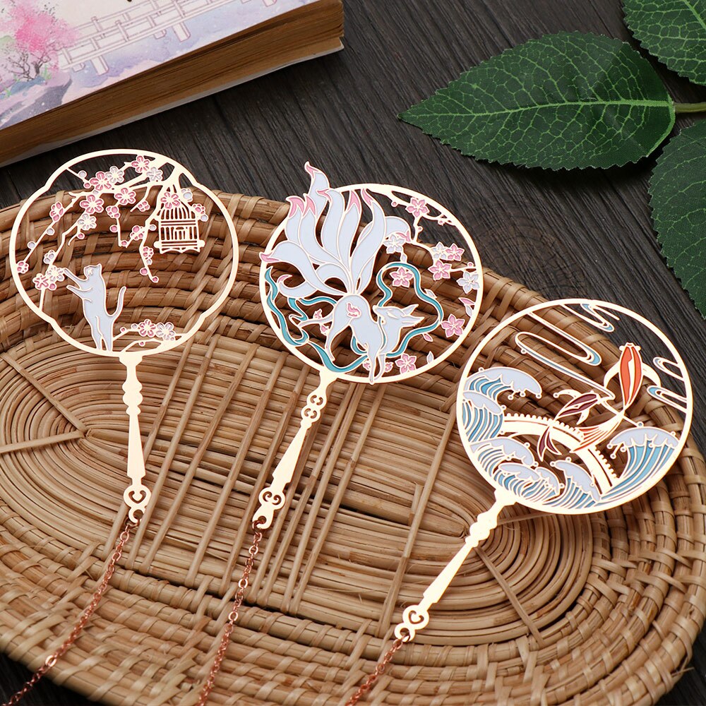 Chinese Style calligraphy and painting Bookmark Group Fan Book Clip Pagination Mark Metal Tassel Stationery School Office Supply