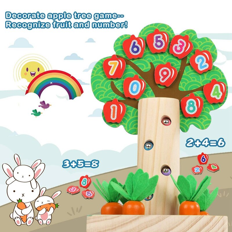 3 in 1 Wooden Learning Game Set Carrots Harvest Shape Sorting Game with Apple Woodpecker Magnetic Toy Magnetic Toy