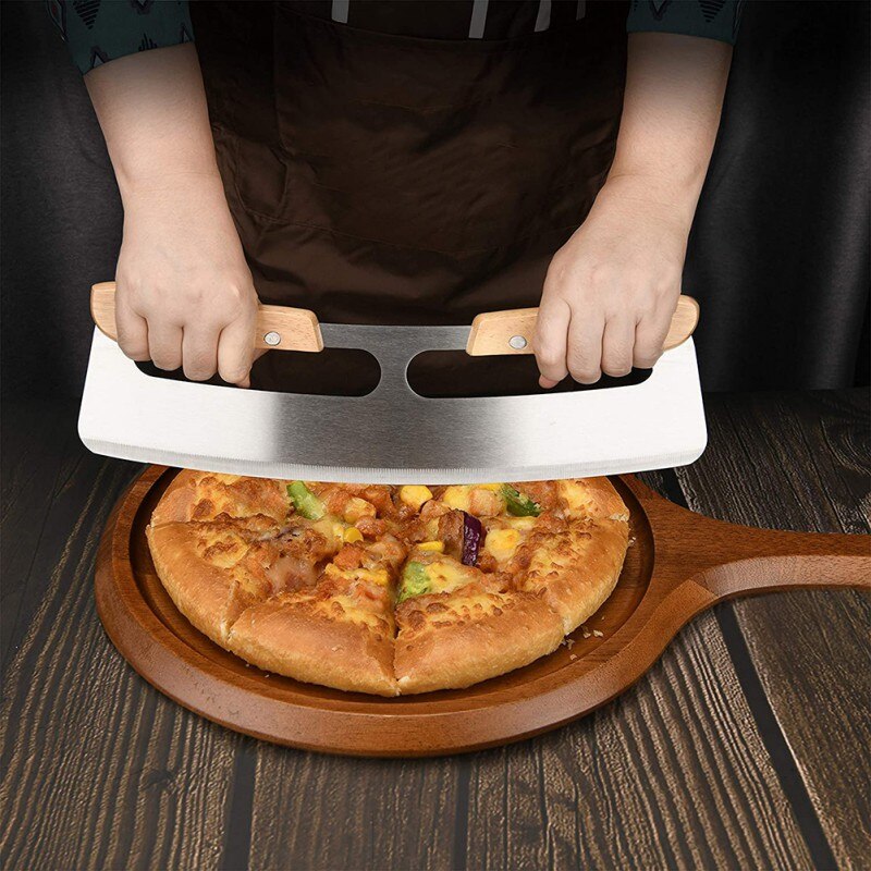 Dual Handvat Pizza Blade Halfronde Pizza Kookplaat Houten Handvat Rvs Schommelstoel Blade Met Houten Handvat