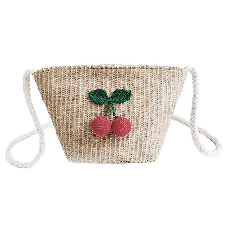 Stro Vrouw Zak met Cherry schoudertassen Strand Meisjes Kleine Messenger Rotan Zakken Schouder Rieten Tassen: Beige