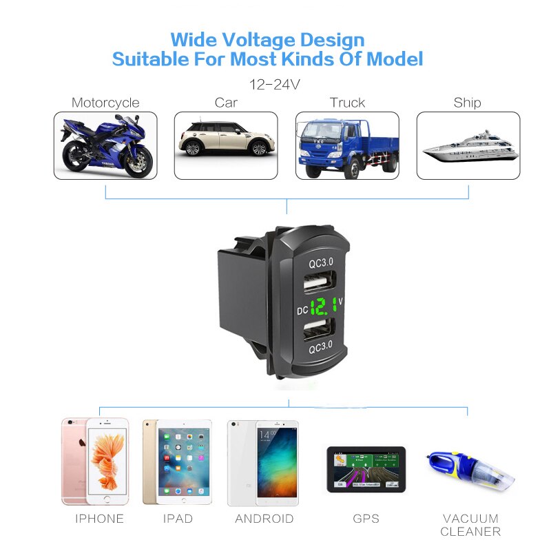 Quick Charge Dual QC3.0 USB Car Charger Fast Charge Socket Power Outlet with LED Voltmeter for 12V 24V Car Boat Marine