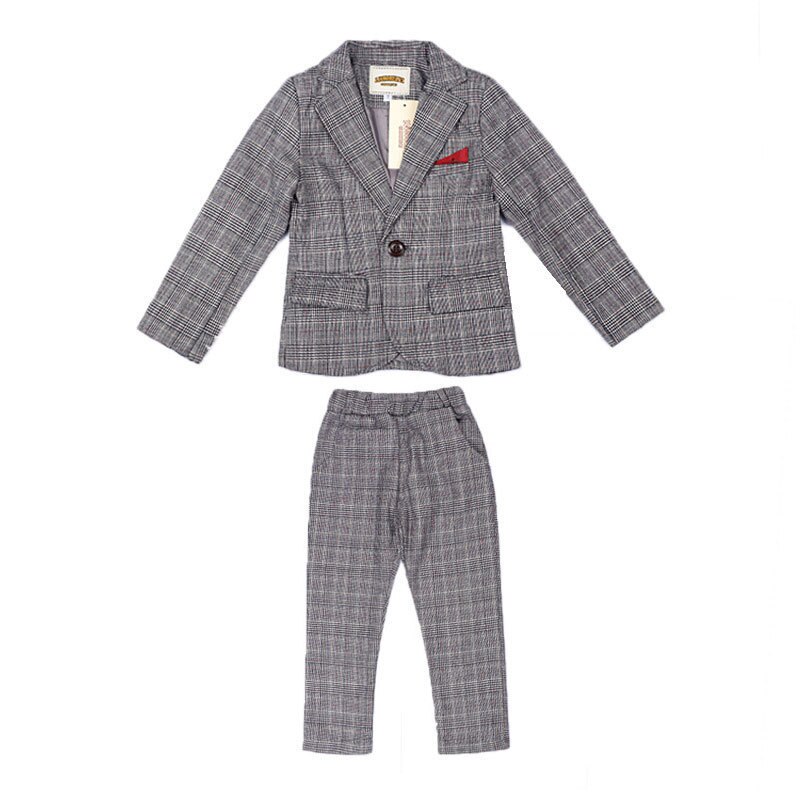 Kids Plaid Blazer Wedding Suits Brand Flower Boys Formal Tuxedos School Suit Kids Spring Autumn Clothing Set F318: gray 2pcs / 11T