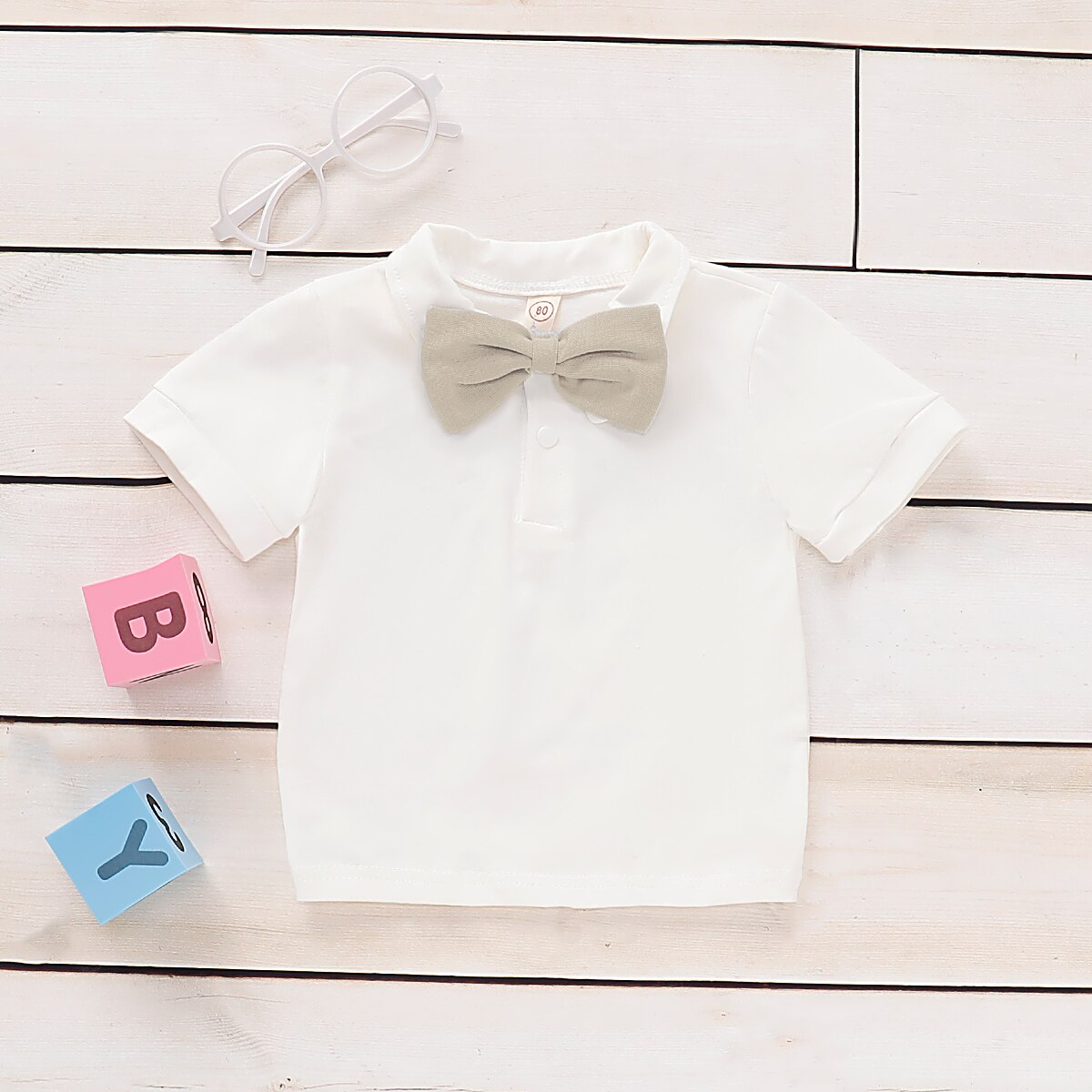 Conjunto de fotografía para recién nacido, Blanco sólido de manga corta, camiseta Beige con pajarita, ropa de verano para niños pequeños: 80(9-12M)