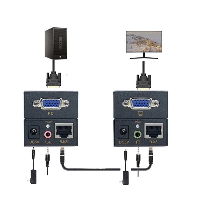 VGA extender with audio over cat5/6 cable up to 100M VGA to RJ45 ethernet Video Audio converter extender for PC laptop projector