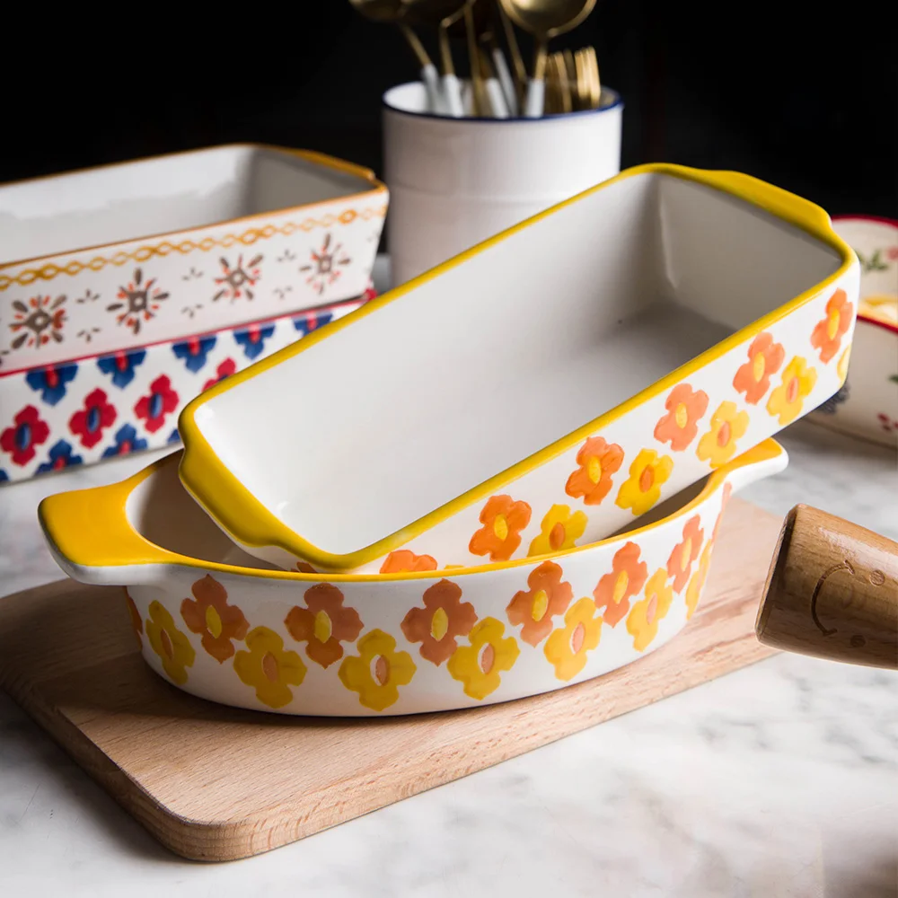 MDZF SWEETHOME Ceramic Baking Dish Roasting Lasagna Pan Rectangular Dish Bakeware Pan With Handle Oven Kitchen Baking Tool