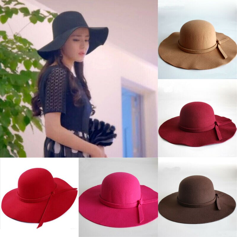 Fes sol Vintage de las mujeres Floppy Bowknot sombrero de ala ancha sombrero de fieltro de lana Fe damas vacaciones sombrero al aire libre