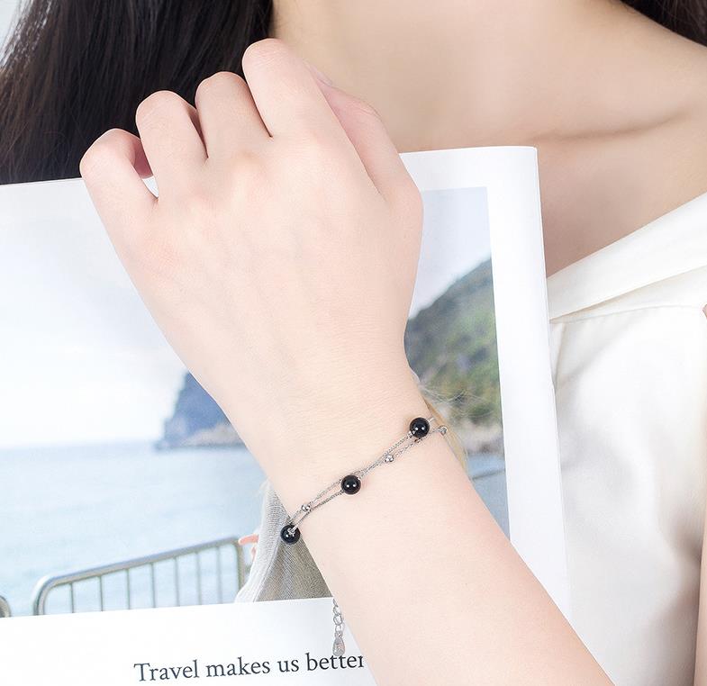 925 Sterling Silver Personality Black Bead Chain Bracelets For Women Lady All Match Daily Party AY976
