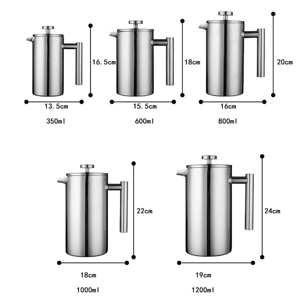 Prensa francesa de acero inoxidable para cafetera, doble pared con 2 niveles de filtración de 350/600/800/1000/1200 Ml