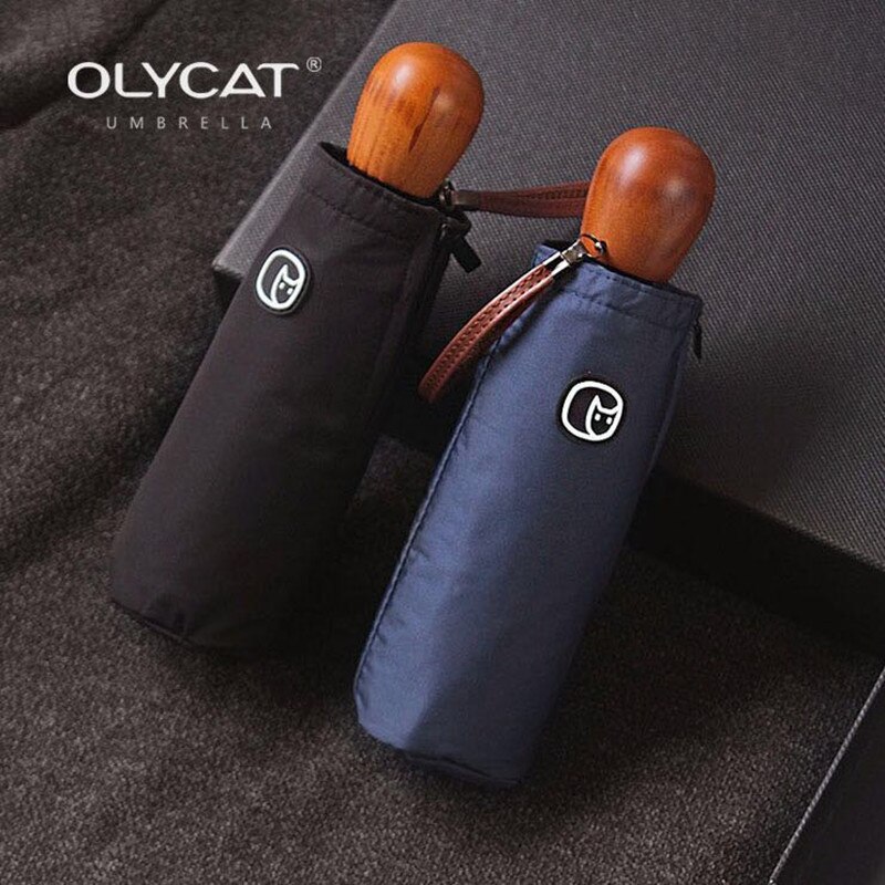 Olycat kompakt mini paraply kvinder børn og mænd paraply lomme paraply træ håndtag paraply vindtæt uv foldbar paraply