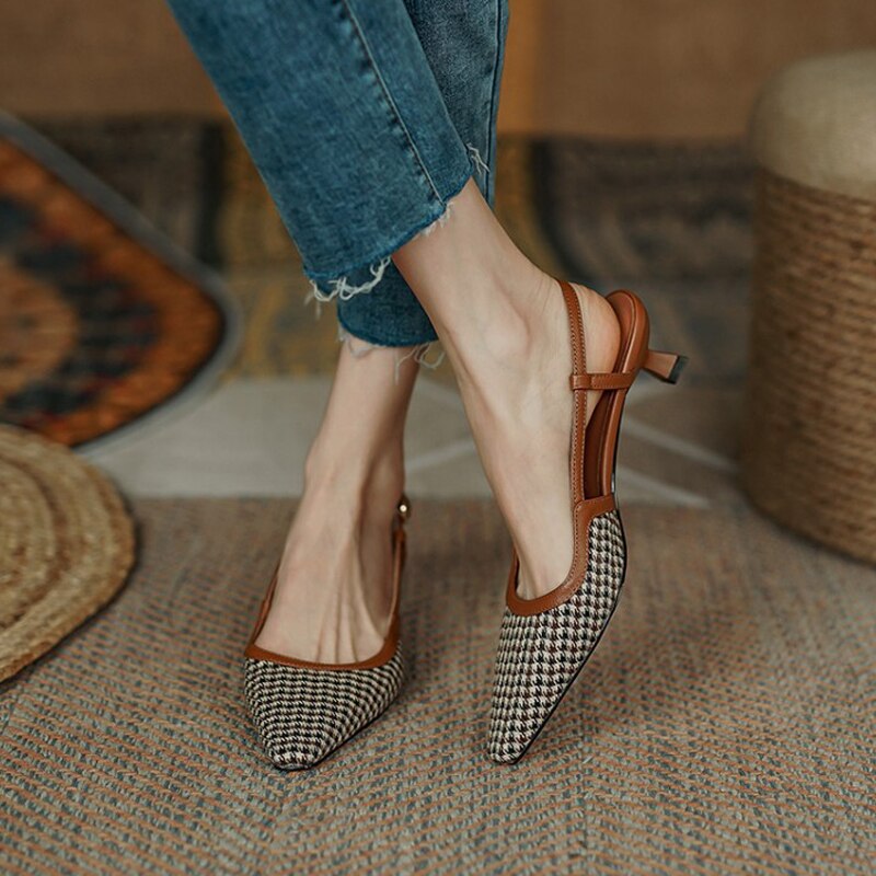 2022 Retro Ladies Stiletto Slingback Pointed Toe Shallow Mouth Single Shoes Plaid Summer Women&#39;s Sandals