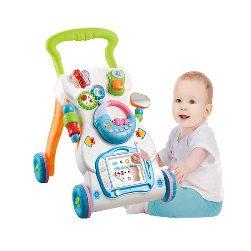 Baby walker vogn børnemusik rollator justerbar hastighed anti-rollover legetøj: E