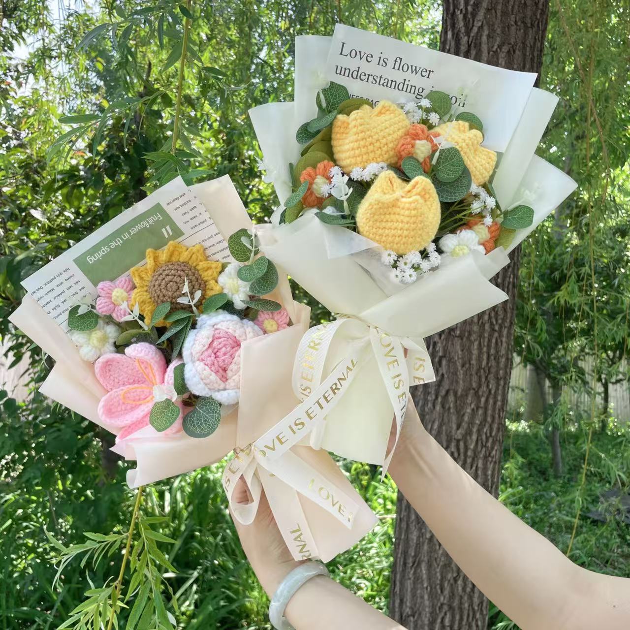 Ramo de ganchillo terminado, cuerda, flores artificiales, plantas rellenas, boda, San Valentín, Día de la madre, cumpleaños, de graduación