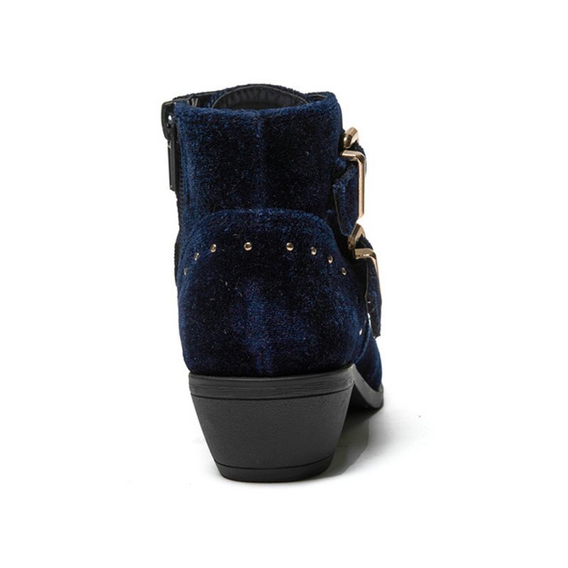 Botas de terciopelo azul Vintage para mujer, botas de tacón medio con cremallera lateral para otoño e invierno, botas cortas de tacón bajo de estilo británico para mujer