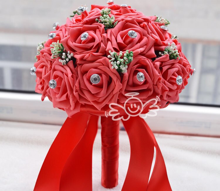 AYiCuthia Prachtige Handgemaakte Bruiloft bloemen Witte Bruidsmeisje Bruidsboeketten kunstmatige Rose Bruiloft Boeket S52: Red