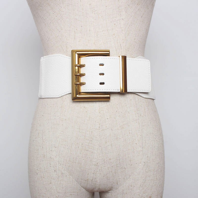 Cummerbunds golden three-pin Buckle elastic stretch waist seal female coat dress waist belt wide belts for women: white