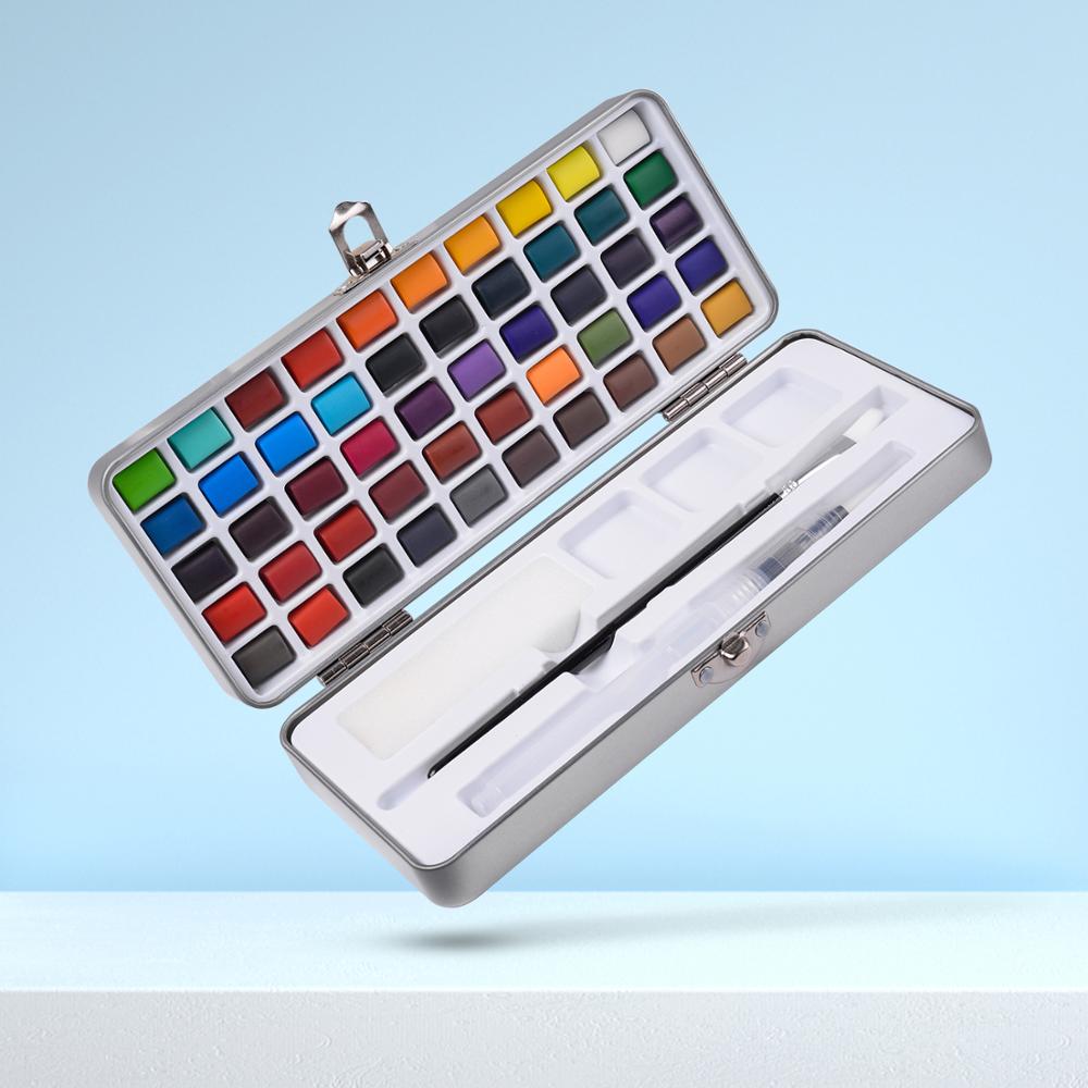 50/90 Colors Solid Watercolor Paint Set Contains Brushes in a Portable Metal Box for Beginner Drawing Painting Art Supplies