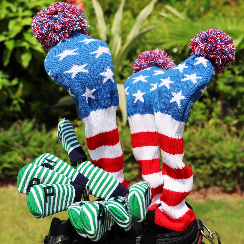 Usa golf breiwol hoofdhoes 3 stuks/set golfclub hoofdhoesset amerika golf houten hoes 135 driver fairway hoofdhoezen met label