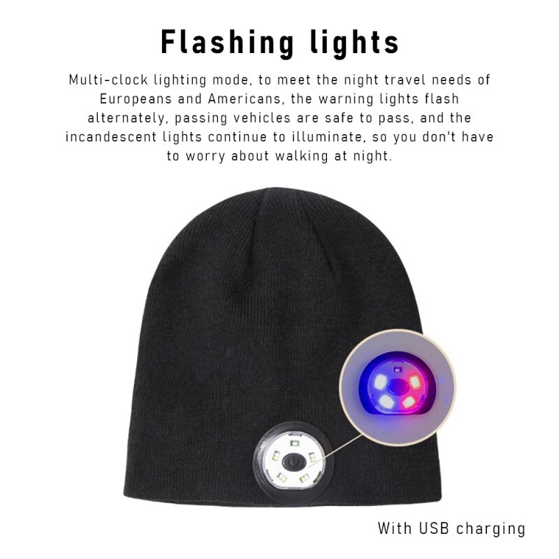 Unisex winter warm knitted hat with led flashlight, hiking led light beanie cap, usb rechargeable hands-free, 5 led spotlight cap