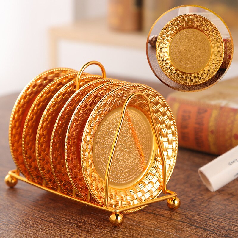 6pc Classical Golden Cocktail Metal Coaster Continental Vintage Zinc Alloy Plated Gold Plated Mat placemat diameter 10.5cm: Woven gold