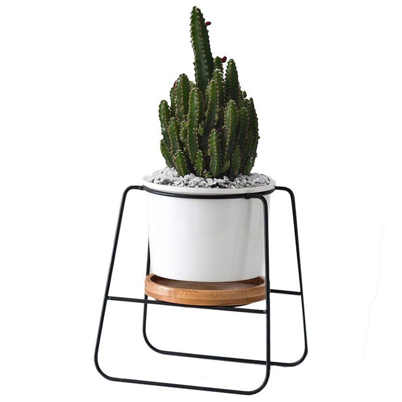 Jardinière Pots intérieur, 6.30 pouces plantes modernes et jardinières jardin céramique bol rond grande jardinière avec support/plateau en bambou pour Succ: Default Title