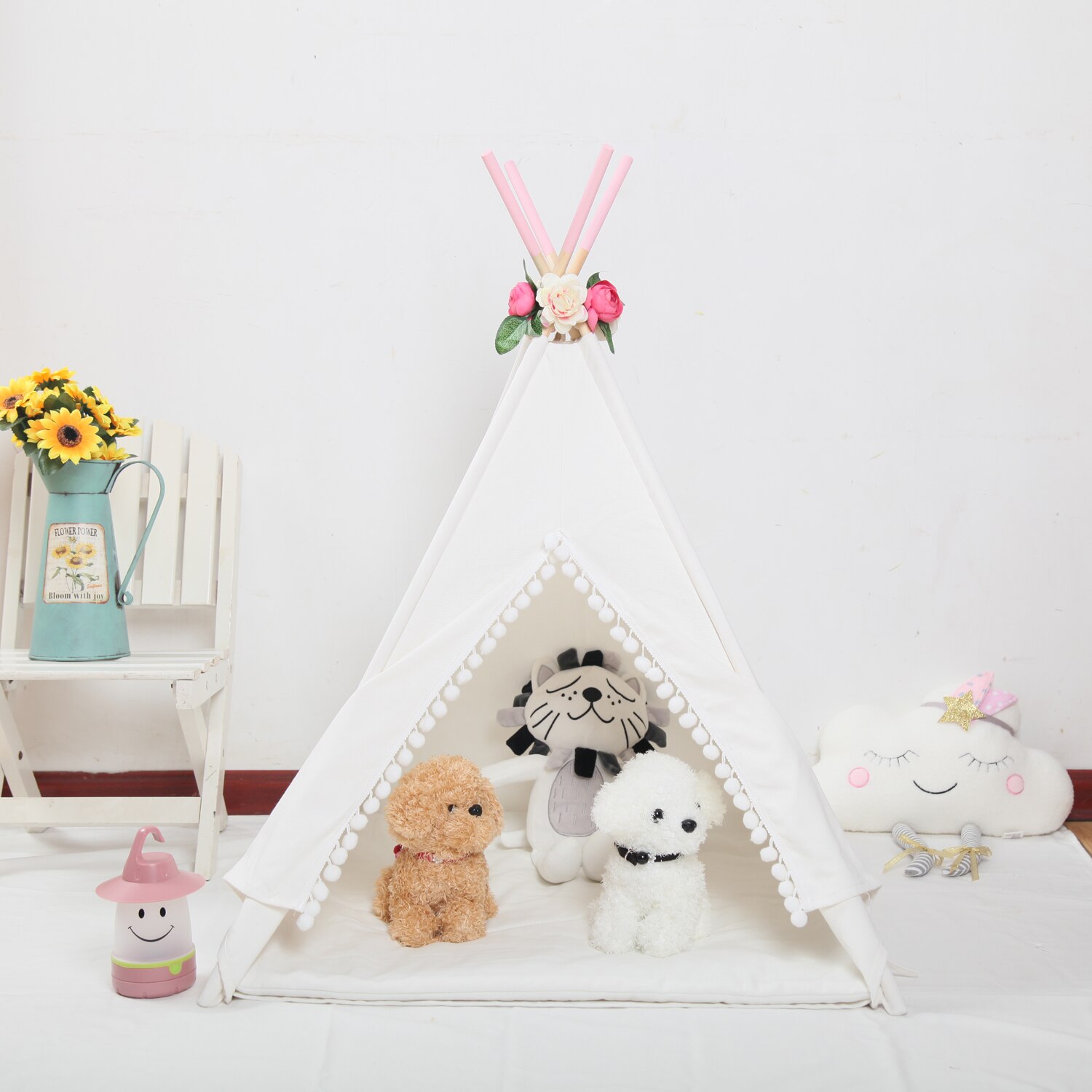 Bianco di Tela canna tepee Tenda Finestra Fiori Naturali Poli