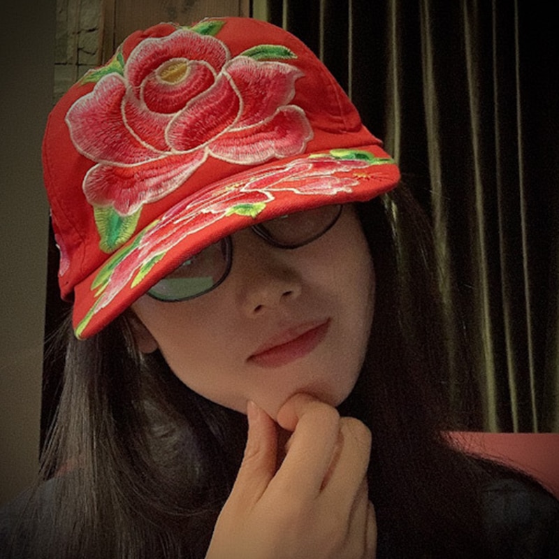 Johnature efterår toppede kasketter broderi afslappet vintage 2 farver kvinder retro hatte: Rød