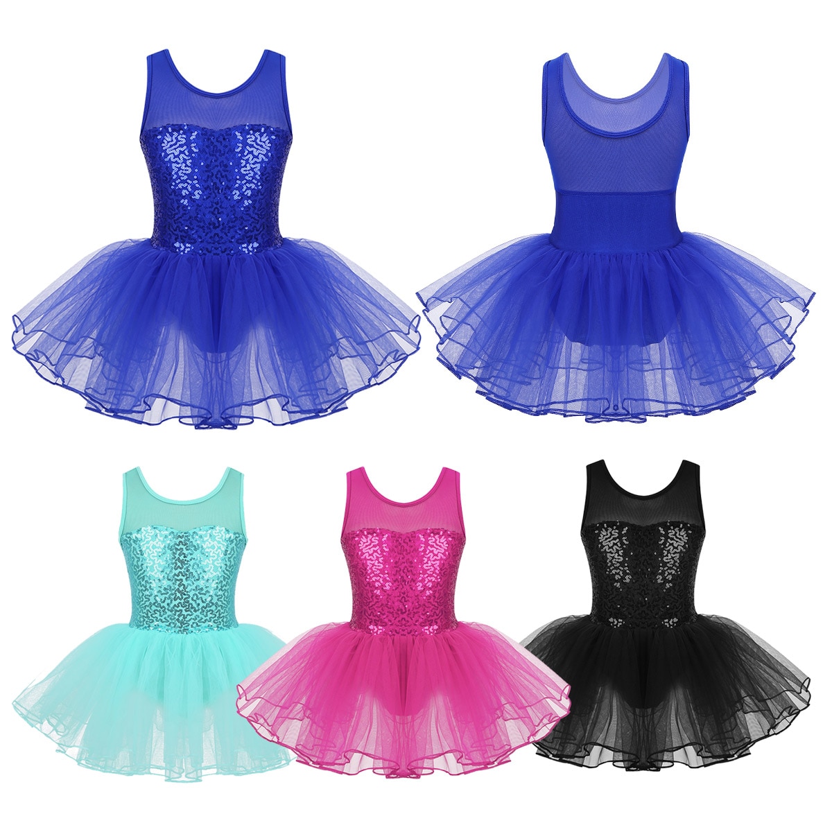 Paillettes enfants filles ballerine Dancewear sans manches maille extensible épissure Ballet danse Tulle gymnastique justaucorps maille Tutu robe