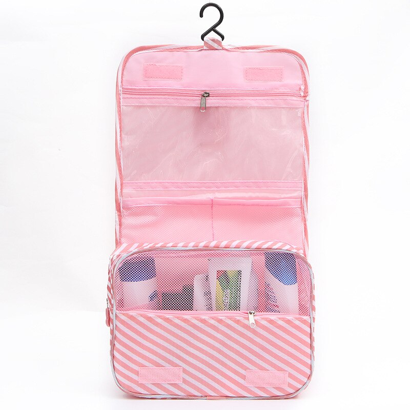 Bolsas de cosméticos neceser Portátil Bolsa de maquillaje bolsa de viaje de lavado plegable colgante estuche de almacenamiento con cremallera organizador impermeable: Pink Stripe