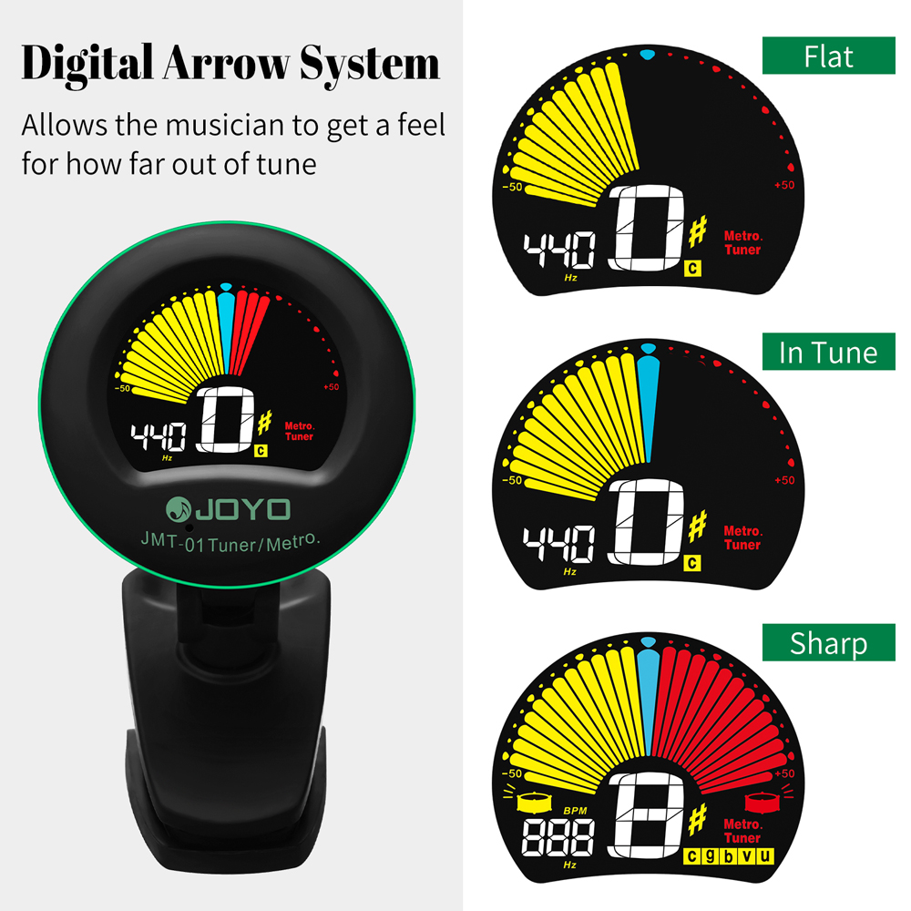 JOYO JMT-01 Afinador de guitarra Pantalla LCD Afinador electrónico con clip Afinador de metrónomo digital sensible para guitarra cromática/bajo/ukelele