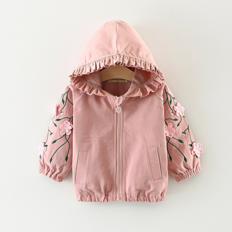 Baby Girl Jacket Coat Spring Autumn Hooded Embroidery Infant Toddler Windbreak Outerwear Flower Princess Baby Girl Clothes: Pink / 9M