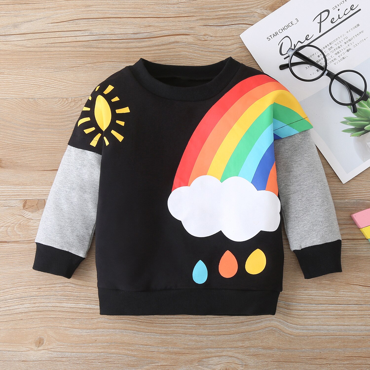 Katoen Baby Meisje Kleding Regenboog Wolken Zon Print Patchwork Lange Mouw Trui Tops Fall Winter Kids Baby Boy Kleding 1-6Y: XH20076-BK / 130-6Y