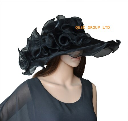 Lime green Wide brim Crystal organza hats church for kentucky derby wedding women's hat races: BLACK