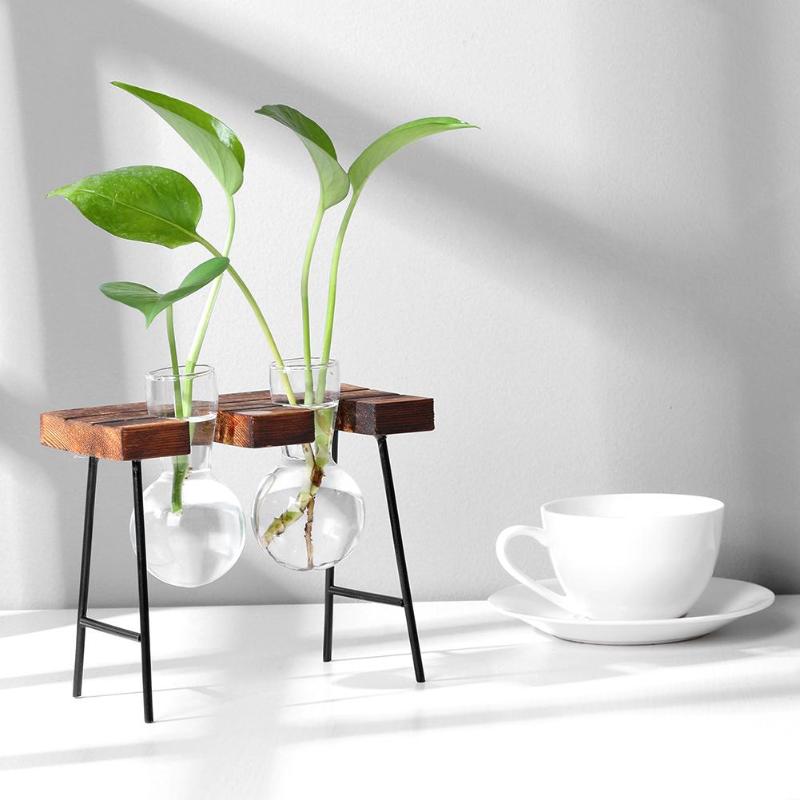 Træramme glasvase hydroponisk plantevase vintage blomsterpotte bord desktop bonsai blomstervase boligindretning: B