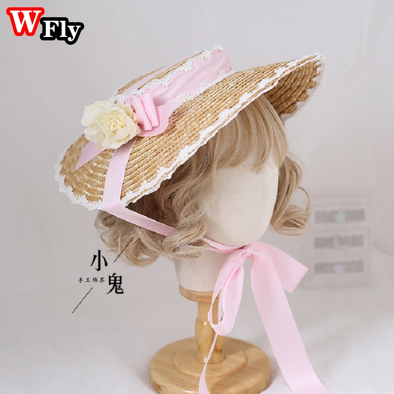 Chapeau de soleil en paille pour femmes et filles, japonais, Lolita, fait à la main, ruban de fleurs en dentelle, nœud papillon à large bord, chapeaux de paille élégants: style 9