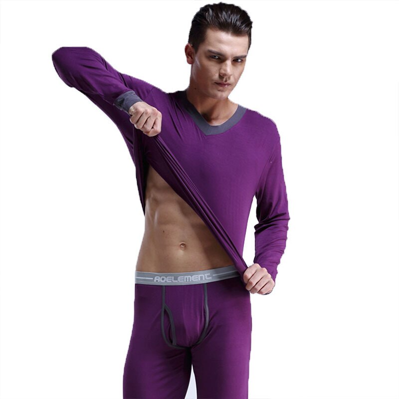 AOELEMENT Men's V-neck Underwear Set Modal Slim-fit Autumn Clothes Long Johns Mens Thermal Base Suit To Keep Warm Leggings: purple / XXXL