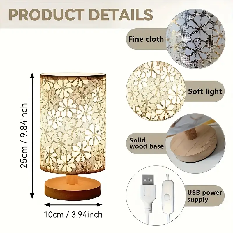 Lampada da tavolo semplice con copertura in tessuto, base in legno, alimentatore USB - luce tricolore per regali di studio in camera da letto