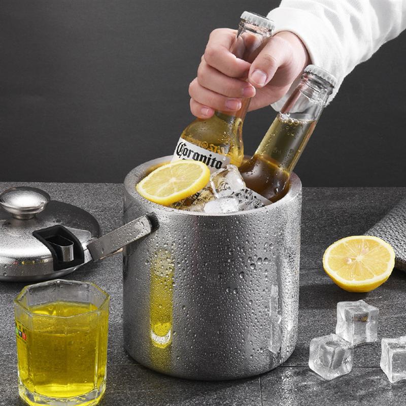 1.3L Rvs Ice Cube Container Dubbelwandige Ijsemmer Container Emmer Draagbare Ijs Chiller Met Tang Deksel