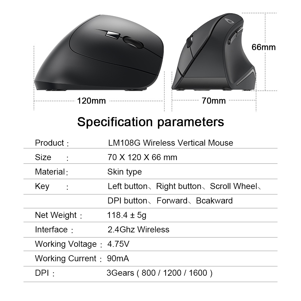 DAREU LM108G USB Wireless Vertical Mouse 6 button 1600 DPI Ergonomic skin type Mice For PC Laptop Computer Office