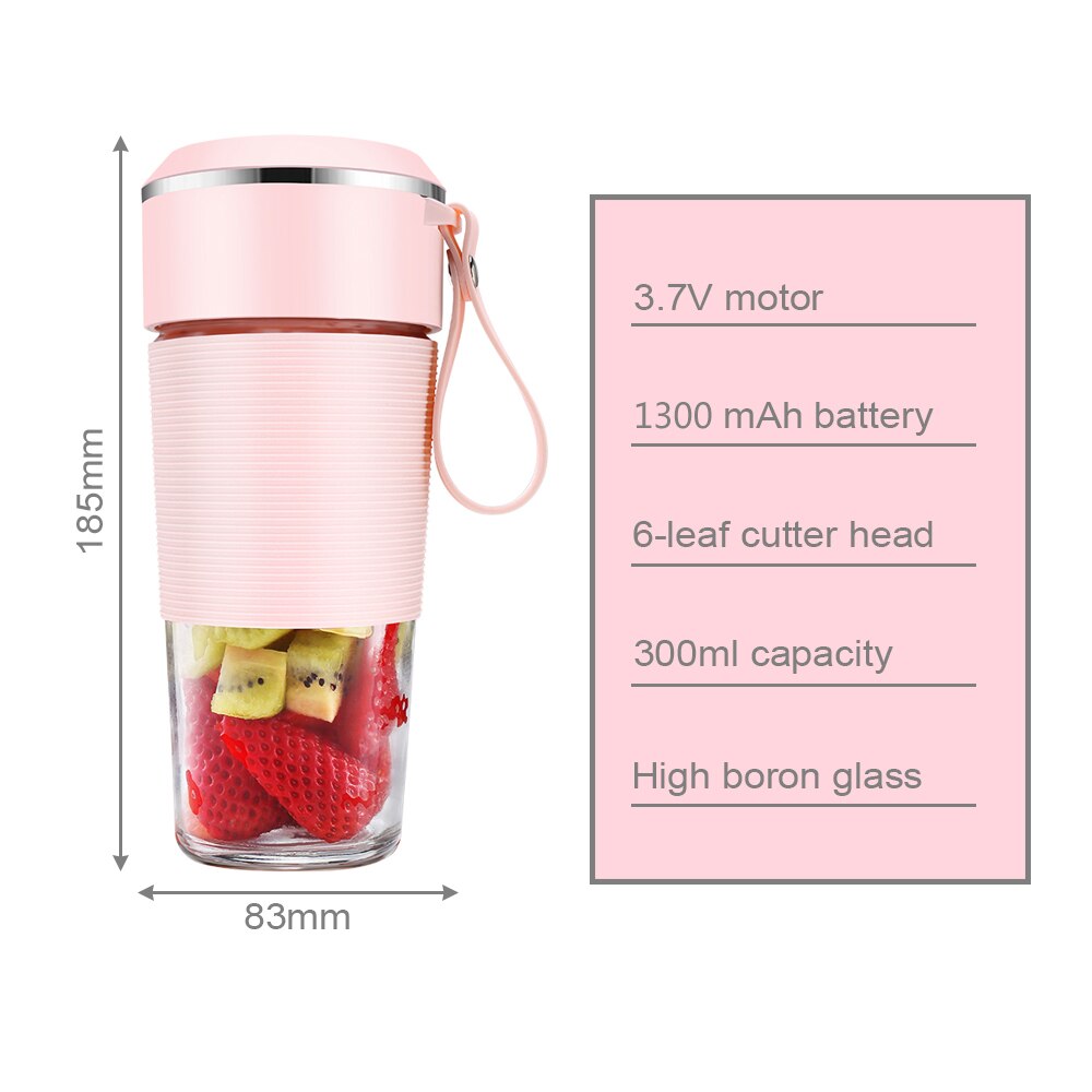 Juice Cup 300mL Mini Personal Portable Cordless Juicer Cup Smoothie Maker with USB Charging for Office Travel