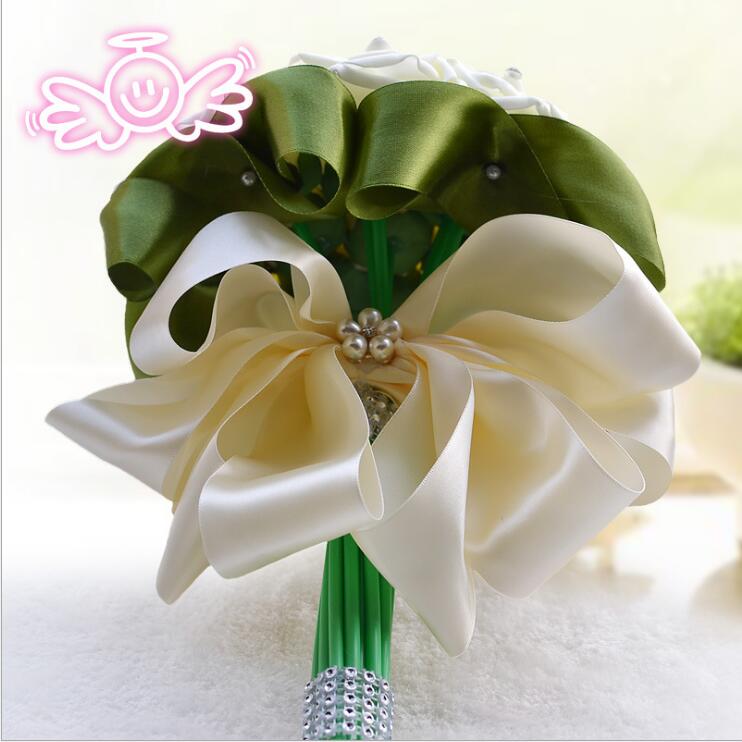 Bridal Bouquets Satin Rose Bouquet Rhinestones Ribbon Rose Wedding Flowers Ivory DIY Wedding Bouquet D213
