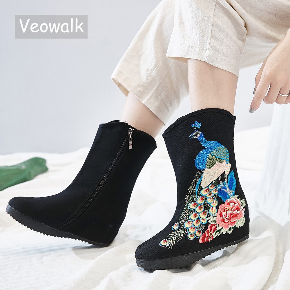 Veowalk Pailletten Pauw Geborduurde Vrouwen Katoen Korte Laarzen Verborgen Wedge Platform Comfortabele Herfst Schoenen Voor Dames