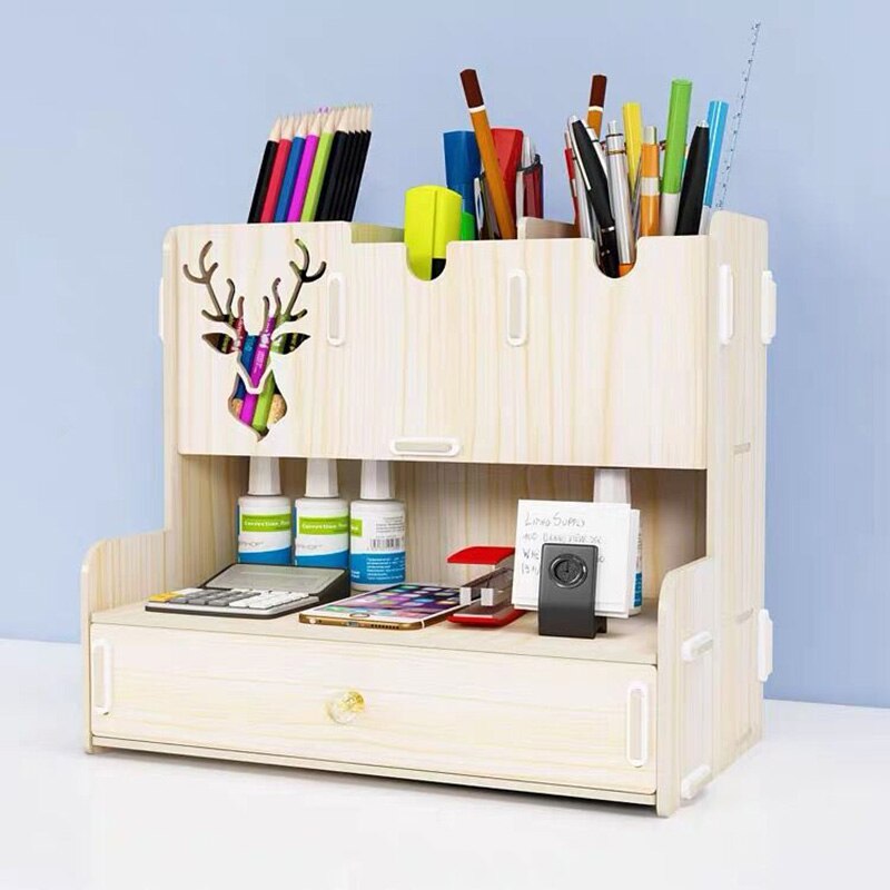 Large Capacity Wooden Pen Holder Pencil Storage Box Desktop Organizer Storage Case School Office Stationery: White