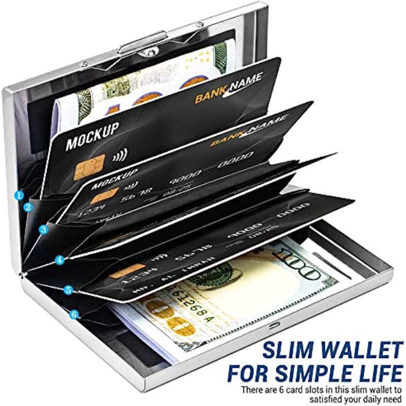 Anti-escaneo RFID 6 tarjetas de gran capacidad de aluminio Metal tarjetero de crédito funda tipo billetera con bloqueo delgado protección para tarjetas de visita: Plata