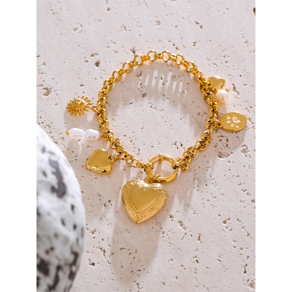 Yhpup 2025 perlas naturales foto familiar imagen corazón encantos gota pulsera de cadena brazalete joyería antialérgica de acero inoxidable