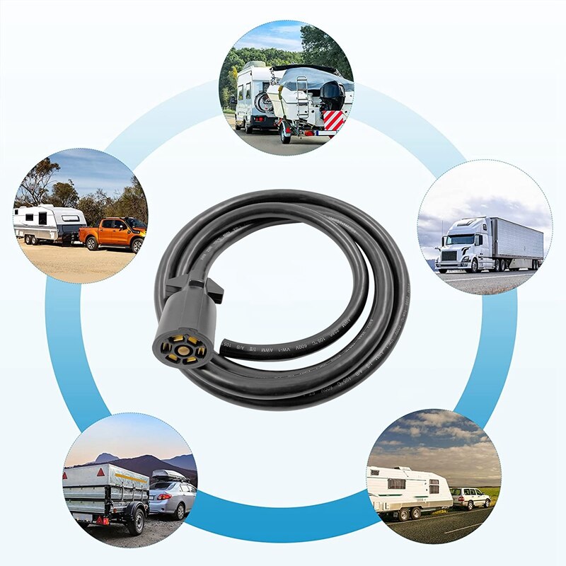 Heavy Duty 7 Way Trailer Plug Inline Cord Wire Harness Cable Double Prongs Connector 8 Feet for Truck Camper RV