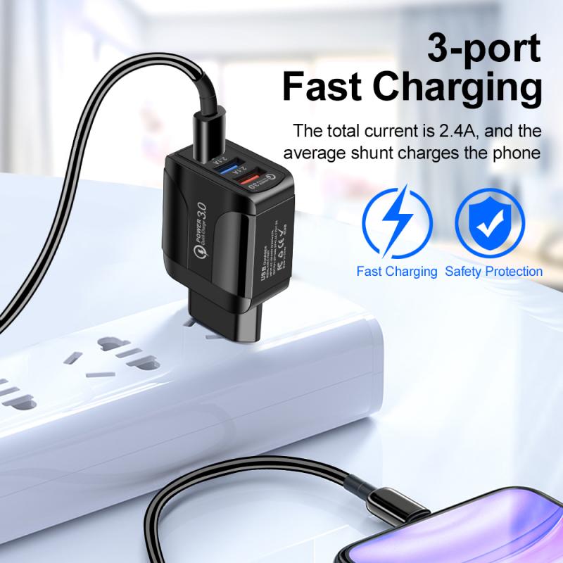 Cargador luminoso 3USB 2.4A para teléfono inteligente, cargador de paso para tableta, cargadores de teléfono móvil, telecomunicaciones