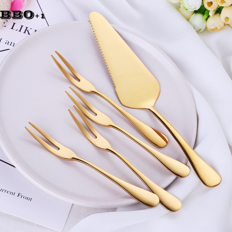Goldene Überzogene 18/10 Edelstahl Kuchen Schaufel Messer Gabel einstellen Hochzeit Kuchen Nachtisch Salat Obst Mini Gabeln Gold Besteck Besteck