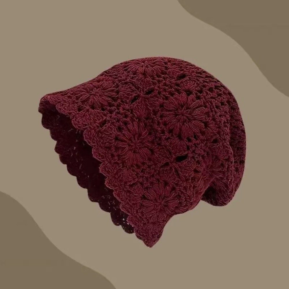 Bohemian Style Crochet Flower Knitted Hat Thin Korean Lace Woven Cap Handmade Apparel Accessories Hollowed Out Beanie Cap Casual: green